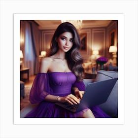 Beautiful Woman In Purple Dress Using Laptop 5 Art Print