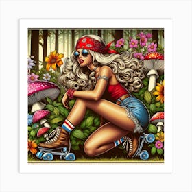 Hippie Girl On Roller Skates Art Print