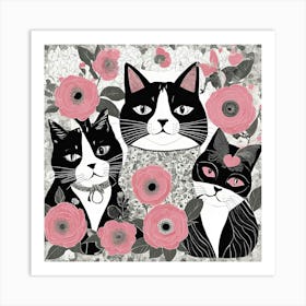 Crazy Cats And Roses Art Print