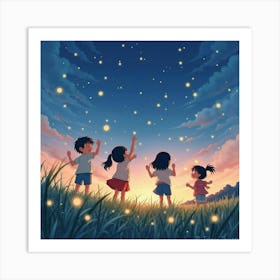 Japanese Children Chasing Fireflies In A Twilight Field, Their Laughter Filling The Air, Watercolor Art Print