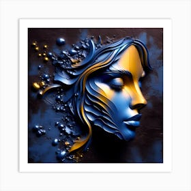 Portrait Of A Woman's Face - An Embossed Abstract Artwork In Orange And Blue On Charcoal Background With Effect Of Fallen Beads Of Molten Metal Drops. Art Print