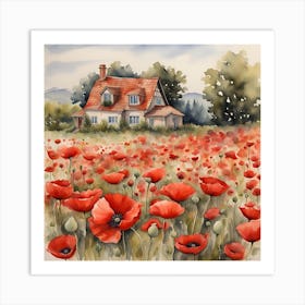 Watercolor Of A House With Poppies 1 Art Print