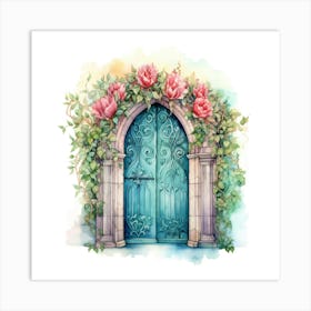 Blue Door With Roses 1 Art Print