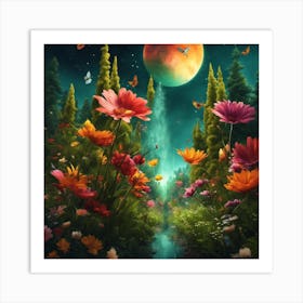 Flower Garden At Night Art Print