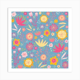 Happy Flowers Teal Green Art Print