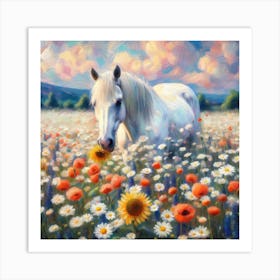 White Horse In A Sunflower Field Art Print