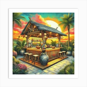 Sunset view on a wooden cafe on the seashore 2 Art Print