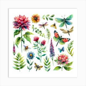 Watercolor Flowers And Butterflies 2 Art Print