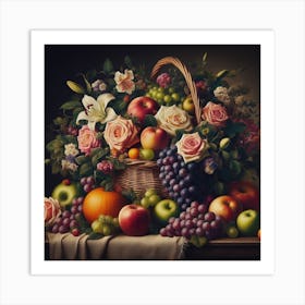 Basket of Beauty: A Classic and Textured Art Print of a Still Life Painting Art Print