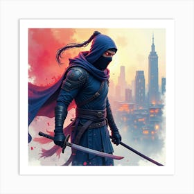 Ninja Fighter With A Watercolor Vibrant Cyber City 1 Art Print