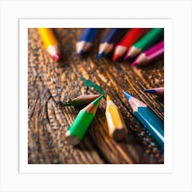 Colored Pencils On A Wooden Table Art Print