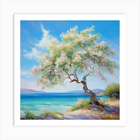 An Enchanting Impressionistic Painting That Masterfully Encapsulates A Pistachio Tree By The Sea (1) Art Print