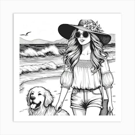 Line Art lady with a dog on the beach 6 Art Print