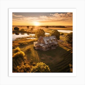 Sunset Over A Log Cabin Art Print