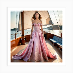 Woman In A Pink Dress On A Boat Art Print