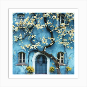 Blue House With Flowers Art Print