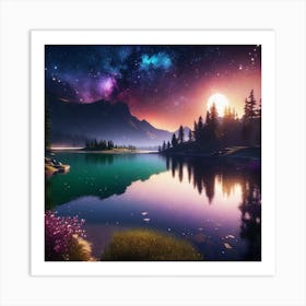 Lake In The Night Sky Art Print