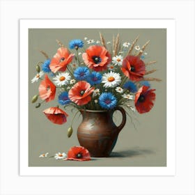 Poppies In A Vase, Acrylic Style Painting Art Print