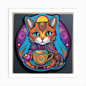 Cat With Cup Of Tea Whimsical Psychedelic Bohemian Enlightenment Print Art Print