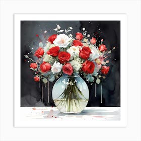 Red And White Flower Bouquet In A Vase Art Print