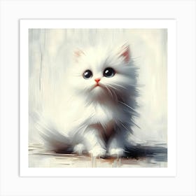 Adorable Gaze Fluffy Kitten Oil Portrait Art Print