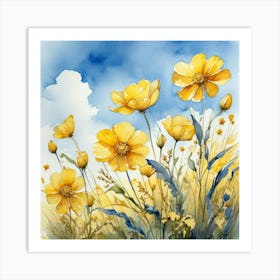 Yellow Cosmos Watercolor Painting Art Print