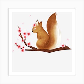 Vintage Squirrel Japanese Cherry Blossom Flower Art Print