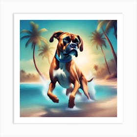 A dog boxer swimming in beach and palm trees 6 Art Print