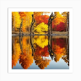 Autumn Lake Reflection Cubism Style Art Print