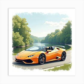 Watercolor Lamborghini Huracán Spyder By A Tranquil River Bend 1 1 Art Print