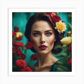 An Artwork Depicting A Women, Big Tits, In The Style Of Glamorous Hollywood Portraits, Green Red, Ye Art Print