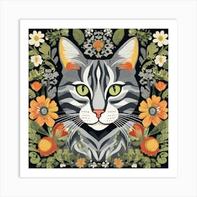 morris Cat With Flowers 4 Art Print