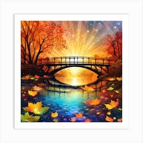 Color Illustration Showing A Autumn Sunrise Scenery With A Arch Bridge Over A River And Lush Trees And Leafs And A Abstract Crystal Sky With Stars Art Print