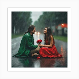 Couple In Rain Art Print