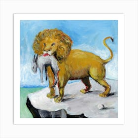 Lion And Hare - Anton Maliar painting animals yellow blue nature square hand painted classic Art Print