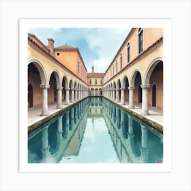 Elegant Watercolor Of A Venetian Palace With Grand Arches And Reflections 1 Art Print