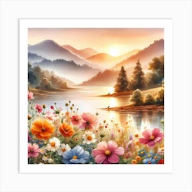 Flowers By The Lake Art Print