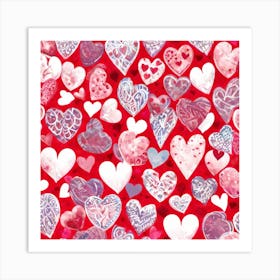 Hearts On A Red Background 1 Art Print