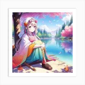 Anime Girl Sitting By The River Art Print