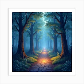 Mysterious Watercolor Forest Path With Glowing Lights 1 Art Print