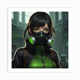masterpiece, best quality, (Anime:1.4), black-haired girl, green eyes, small respirator mask, toxic environment, black leather outfit, epic portraiture, 2D game art, League of Legends style character 3 Art Print
