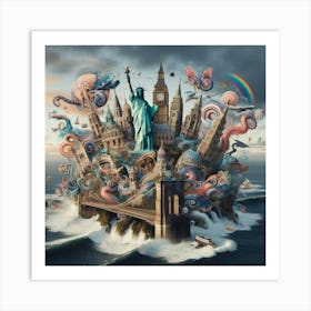 Surreal Digital Collage Merging Iconic Landmarks From Around The World With Whimsical Elements, Style Digital Surrealism 1 Art Print