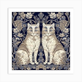 William Morris Classic  Inspired  Cats Brown And White Blue Square Art Print