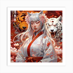 Mythical Tapestry: Samurai Girl and Tigers Art Print