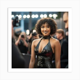 A Black Woman Voluptuous Sexy Wearing Black Latex Dress Curly Hair on the Red Carpet - Created by Midjourney Art Print