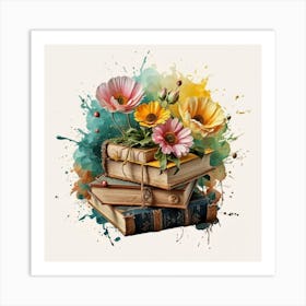 Best books and flowers on watercolor background 1 Art Print