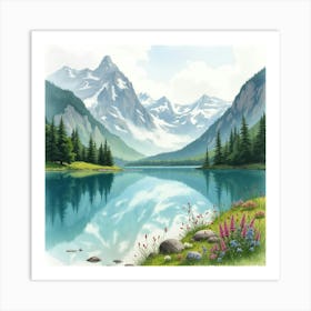 Classic Car By A Picturesque Mountain Lake, Watercolor Painting 1 Art Print