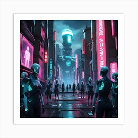 A Gritty, Dystopian Cyberpunk Digital Art Scene Set In A Futuristic Tokyo Cityscape Populated With Humanoid Androids Art Print