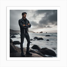 Man Standing On Rocks By The Ocean Art Print