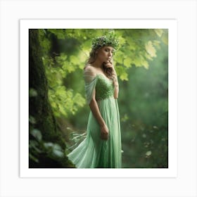 Beautiful Woman In Green Dress In The Forest 1 Art Print